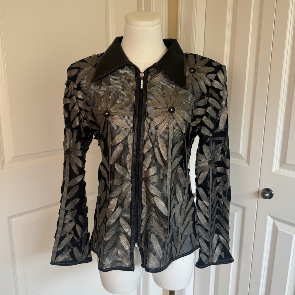 Image Leather XS Sheer Mesh Floral Leaf Embroidered Zip Jacket Black Silver Boho
